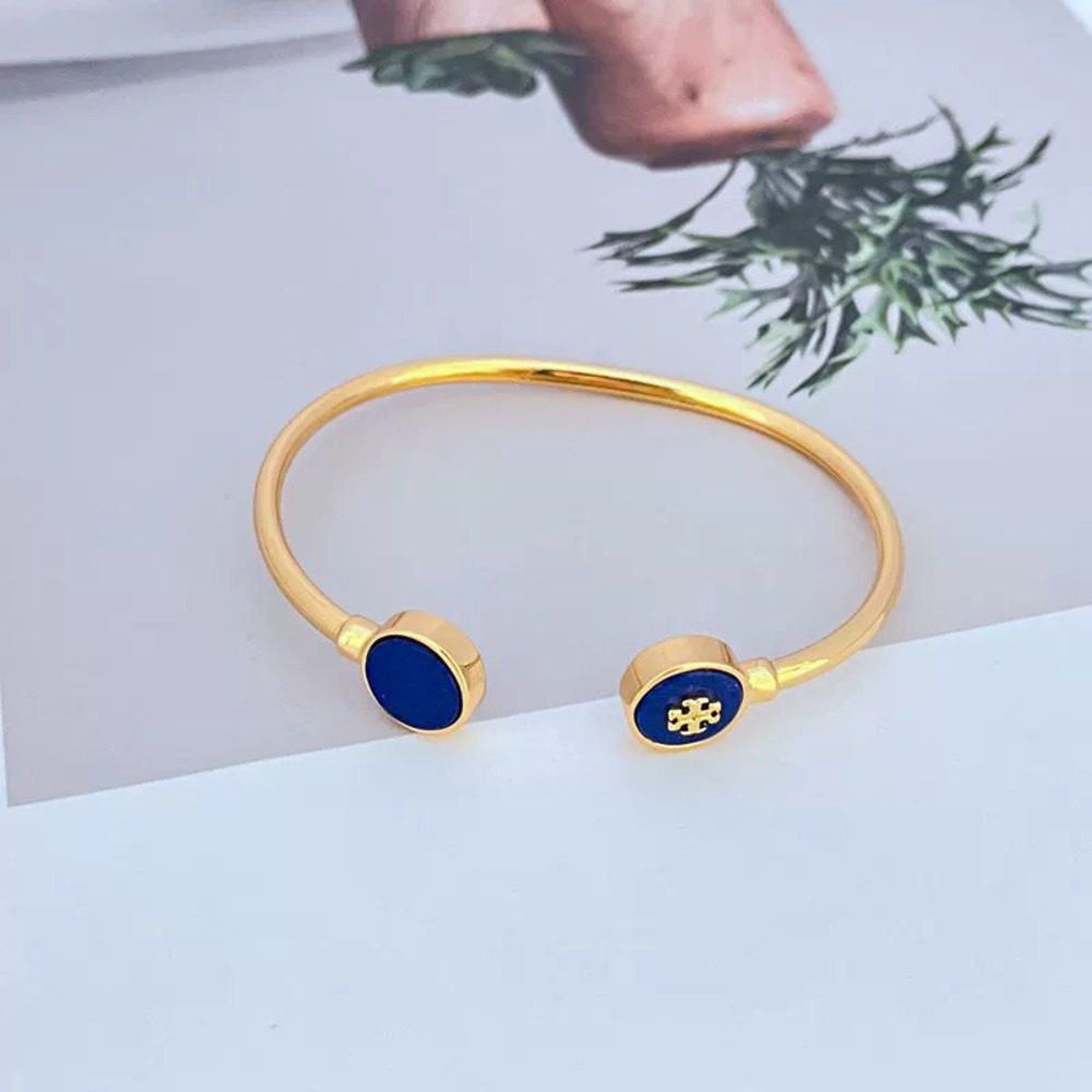 Tory Burch Shell Inlay Letter Round Open Metal Bangle - Picture 3 of 8